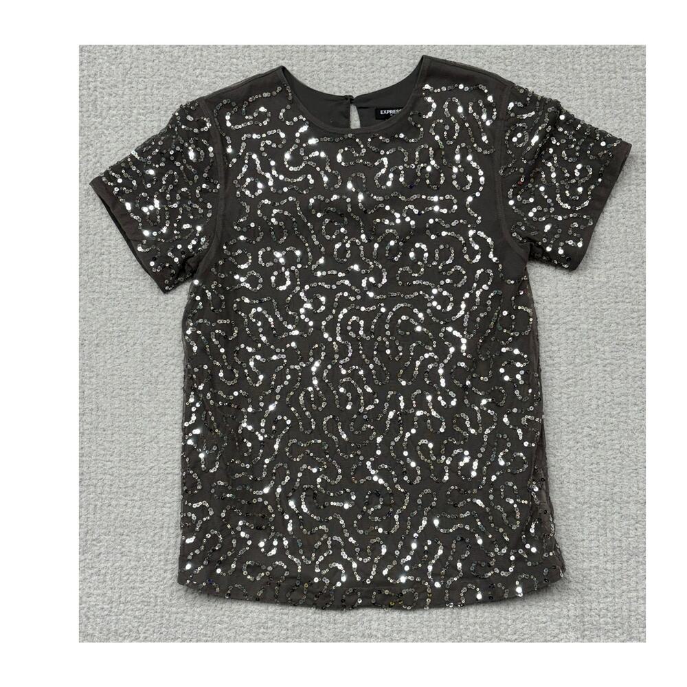 Express Women's Grey Sequined Short Sleeve Top Size S NWT #57465